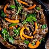 beef stir-fry with peppers + pea shoots